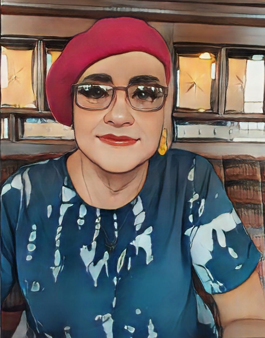 Friday in a pink beret and a blue dress, cartoon version.